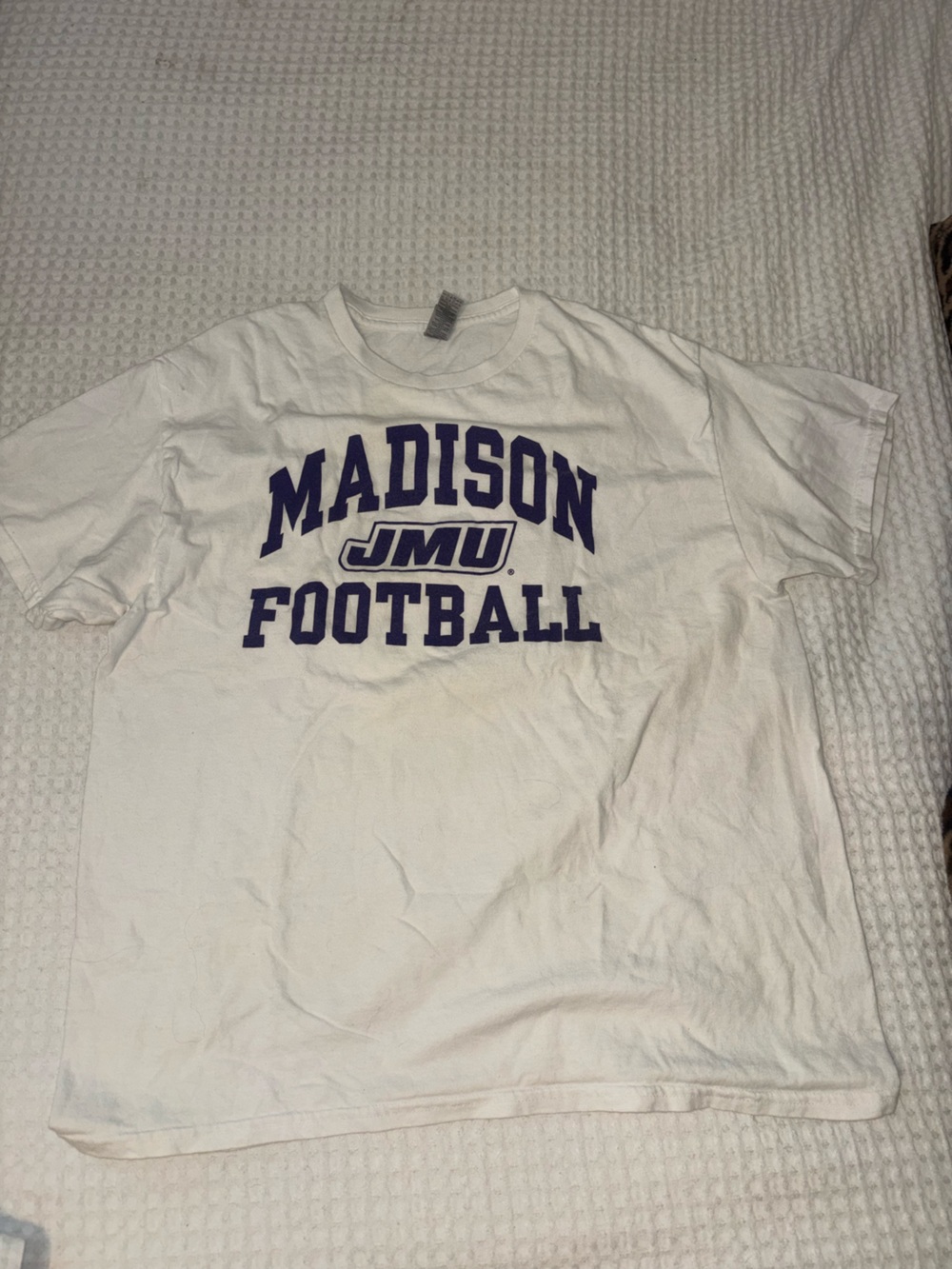 JMU White T-Shirt with Purple Madison JMU Football Graphic